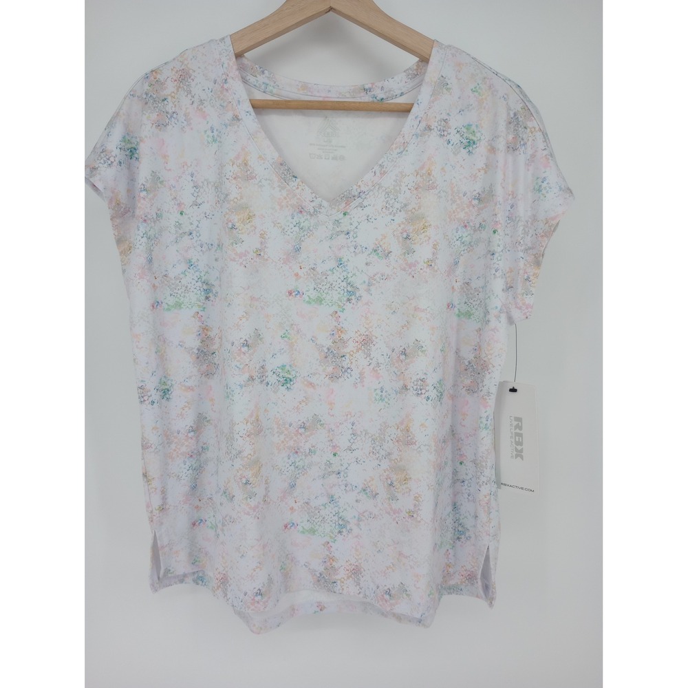 RBX Active V-Neck T-Shirt Women Large White Multicolor Abstract Splatter NWT